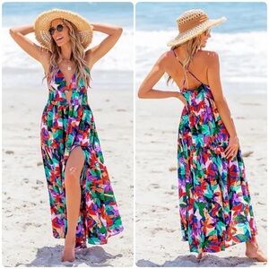 GOMORN Colorful Tropical Floral Plunging Flowy Sleeveless Maxi Beach Dress 12